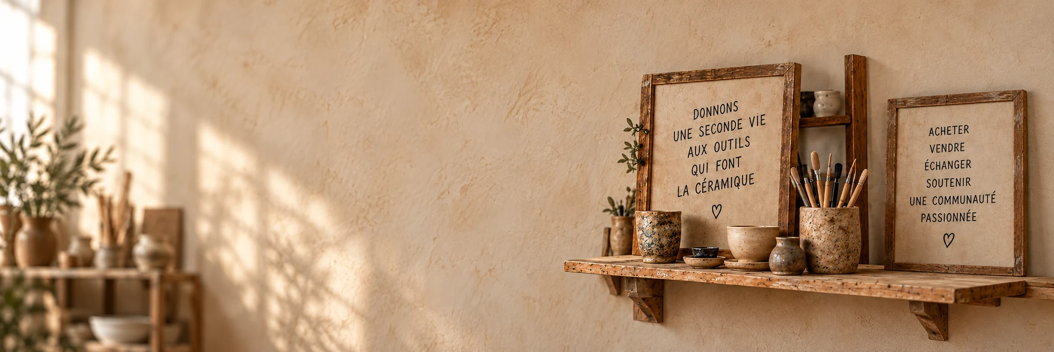 Pots, pinceaux et outils de céramique sur une étagère d’atelier