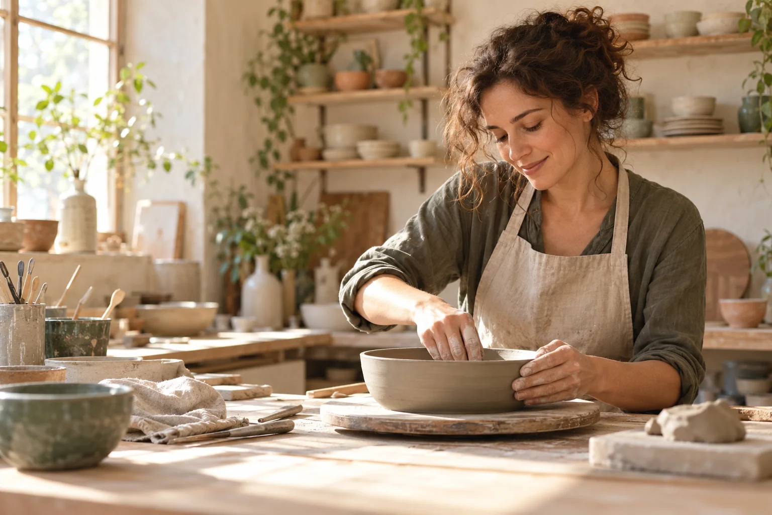 Illustration d’une céramiste façonnant un bol dans un atelier lumineux.