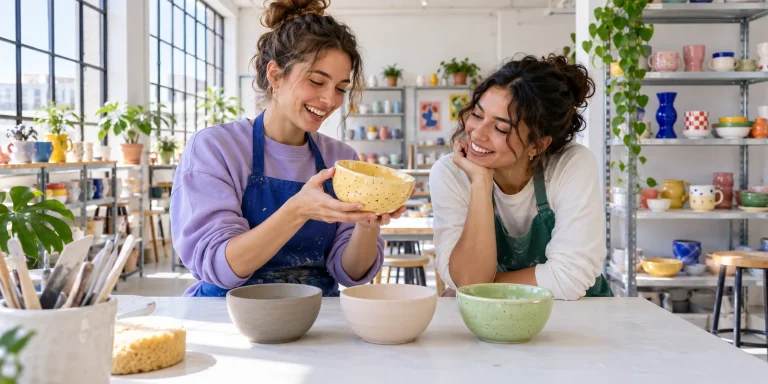 Une céramiste montre un bol émaillé à une amie ; devant elles, le même bol cru, en biscuit et émaillé