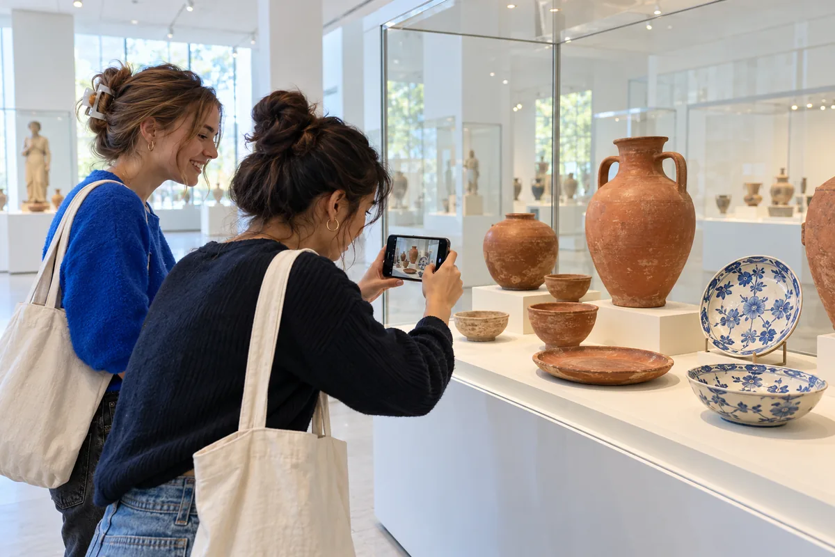 Deux visiteuses observent et photographient des poteries anciennes dans un musée