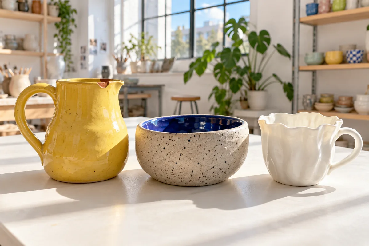 Un pichet en faïence, un bol en grès et une tasse en porcelaine posés côte à côte