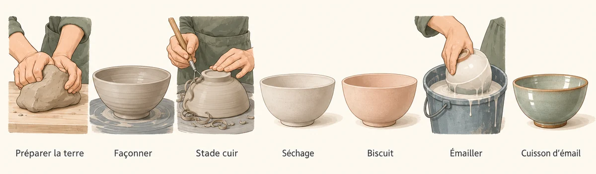 Les sept étapes d'un bol, de la terre préparée à la cuisson d'émail