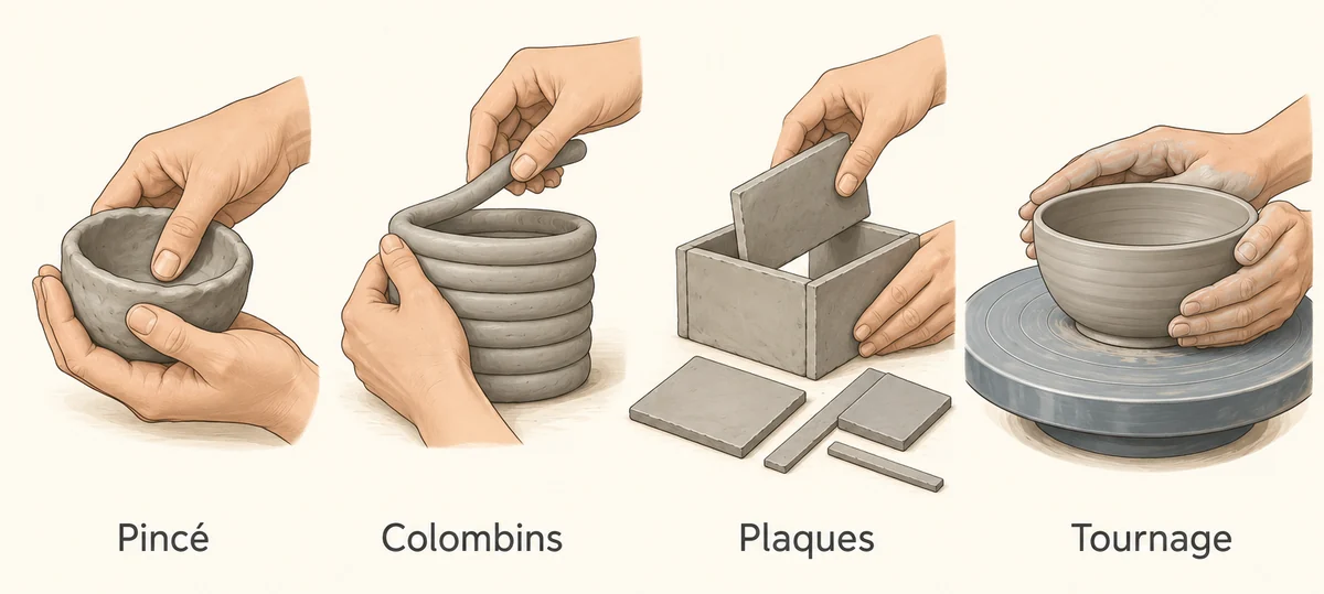 Quatre techniques de façonnage : pincé, colombins, plaques et tournage