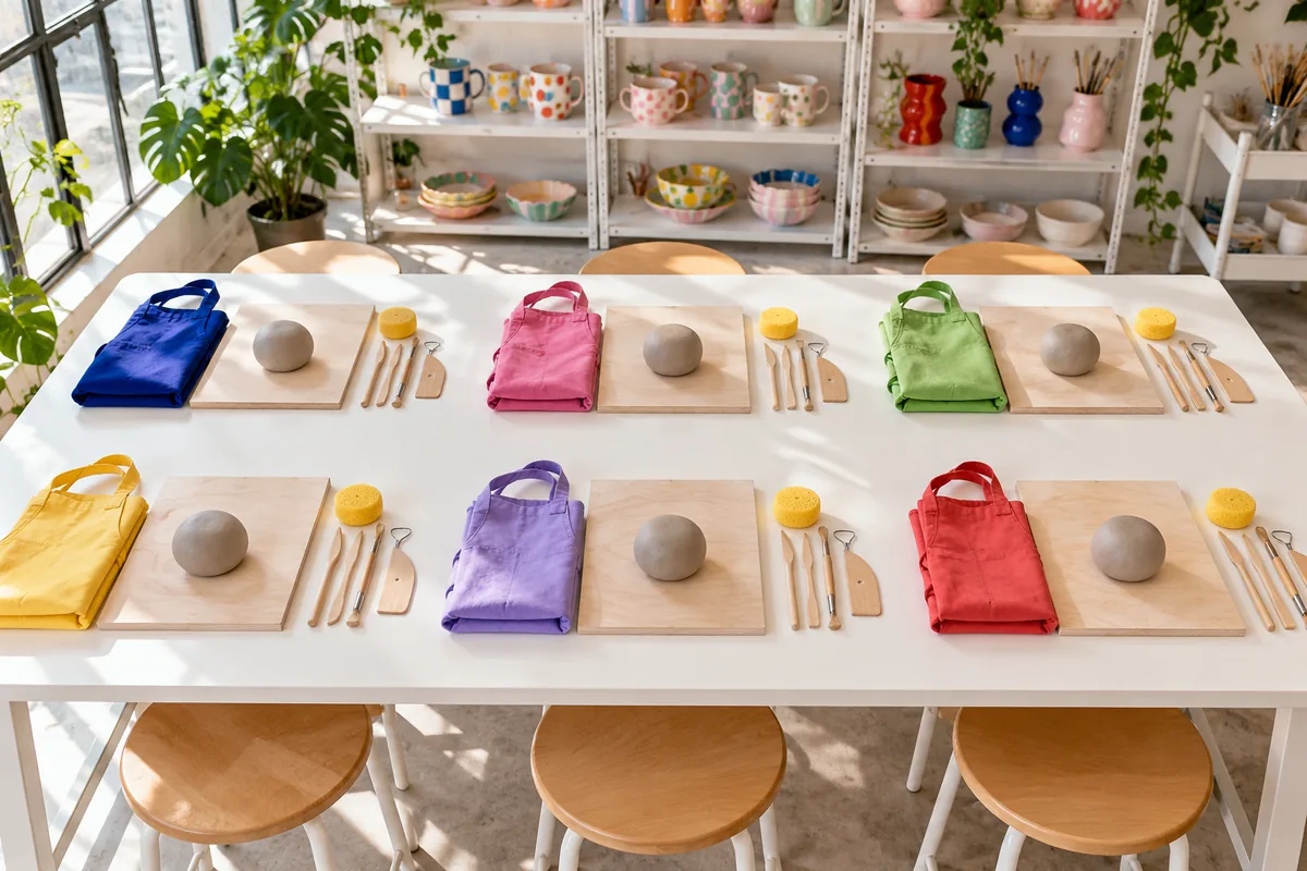Table d'atelier de poterie préparée pour un cours débutant : boules d'argile, éponges, outils et tabliers colorés